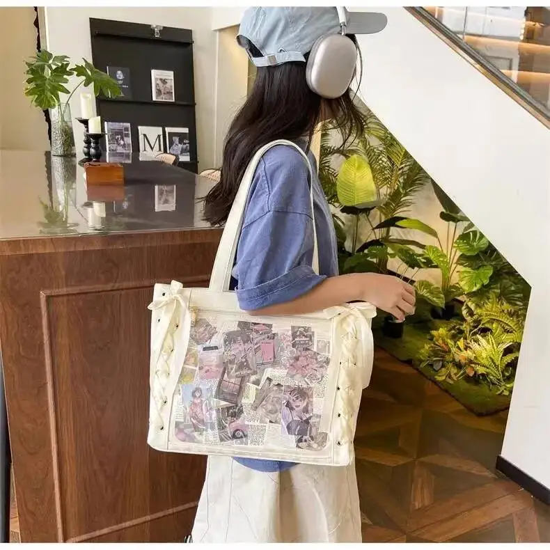 Y2K Cute Japanese Ins Ita Bag Lolita Girl Transparent Tote Crossbody Bag Large Capacity Casual Shoulder Bag DIY Display Handbags