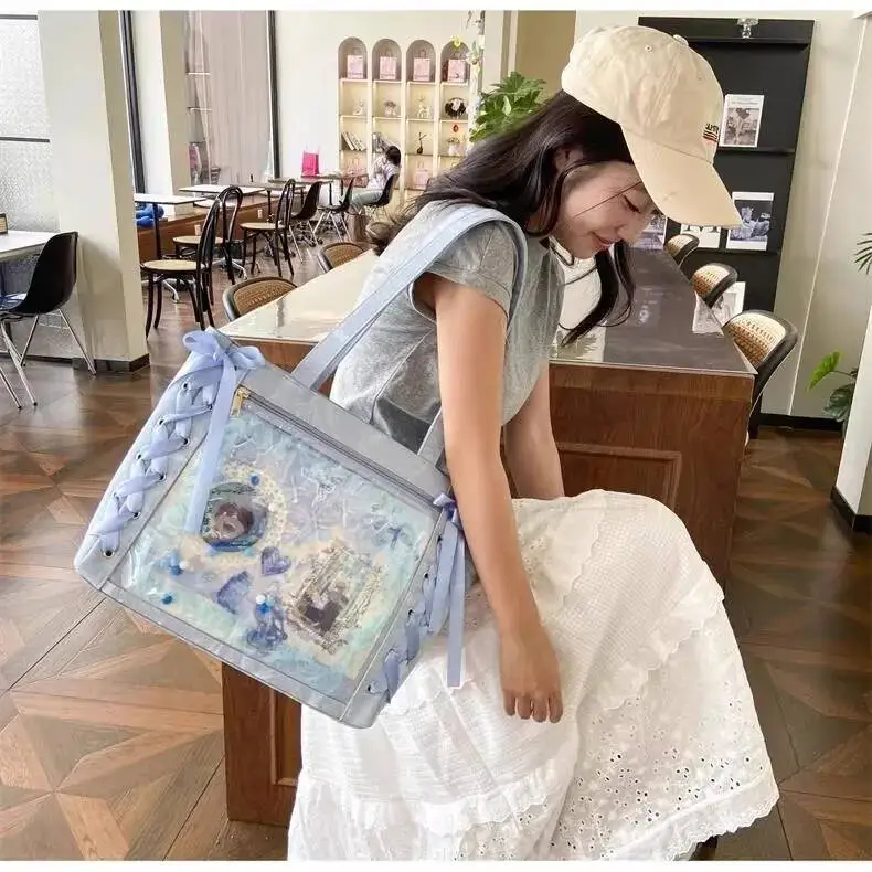 Y2K Cute Japanese Ins Ita Bag Lolita Girl Transparent Tote Crossbody Bag Large Capacity Casual Shoulder Bag DIY Display Handbags