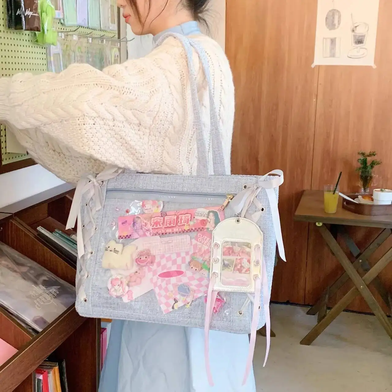 Y2K Cute Japanese Ins Ita Bag Lolita Girl Transparent Tote Crossbody Bag Large Capacity Casual Shoulder Bag DIY Display Handbags