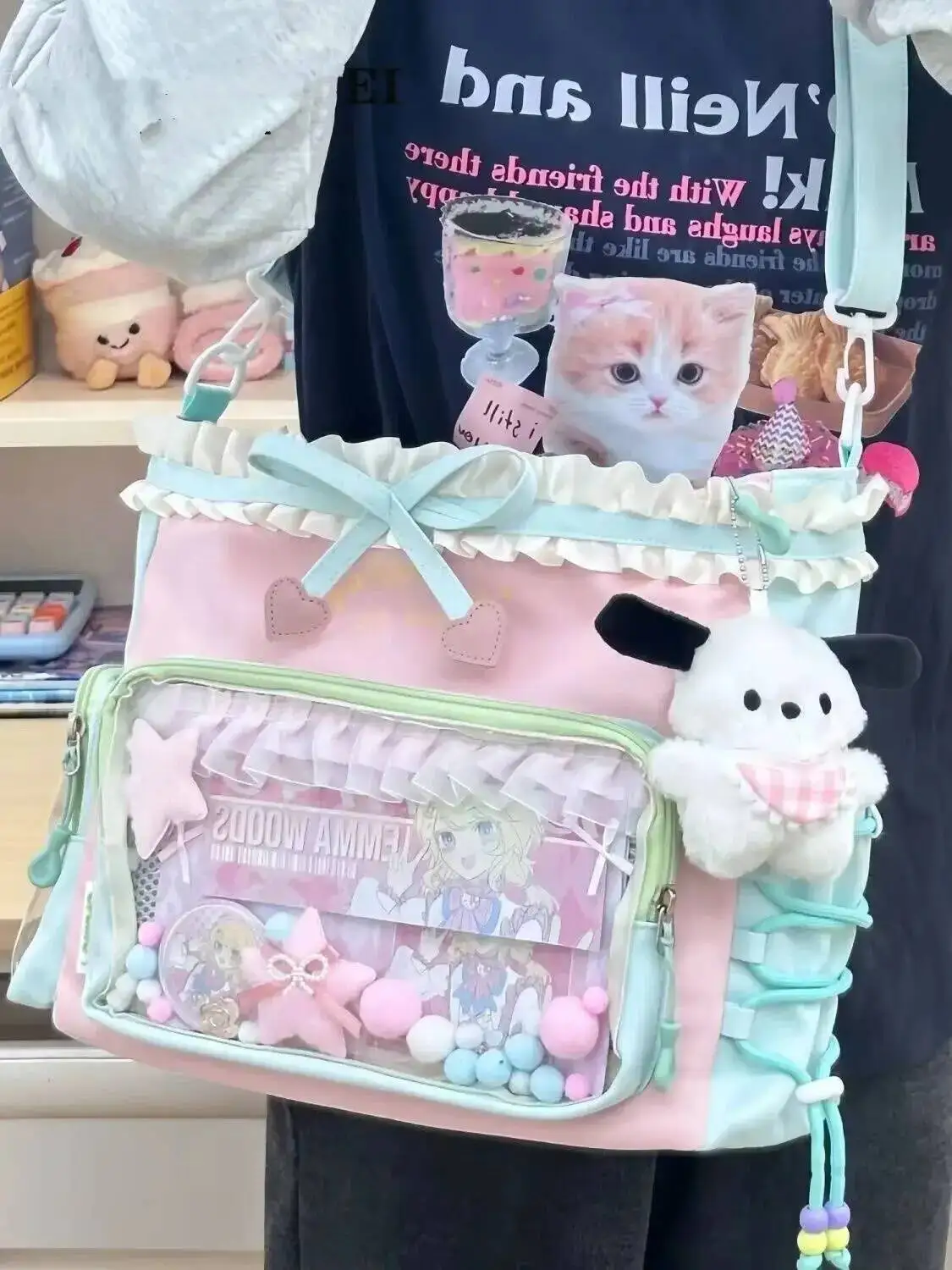 Y2K Cute Japanese Ins Ita Bag Lolita Girl Transparent Tote Crossbody Bag Large Capacity Casual Shoulder Bag DIY Display Handbags