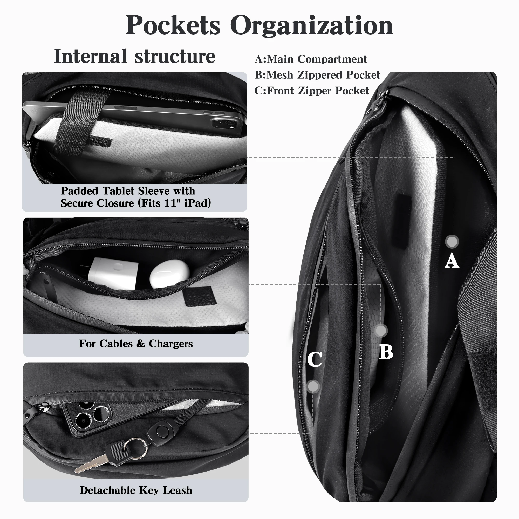 Outdoor Crossbody Bag Fashion Chest Bag For Men Sling Backpack Sports Shoulder Bag With Water Bottle Pocket Fits 11" Tablet
