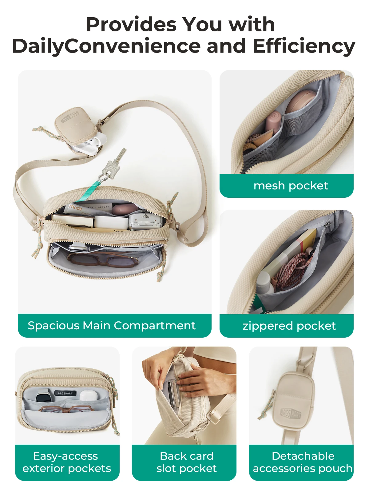 BAGSMART Women's Crossbody Bag Workout Casual Shoulder Bag Hands-free Wallets Belt Bag Large Capacity Men's Outdoor Fanny Packs