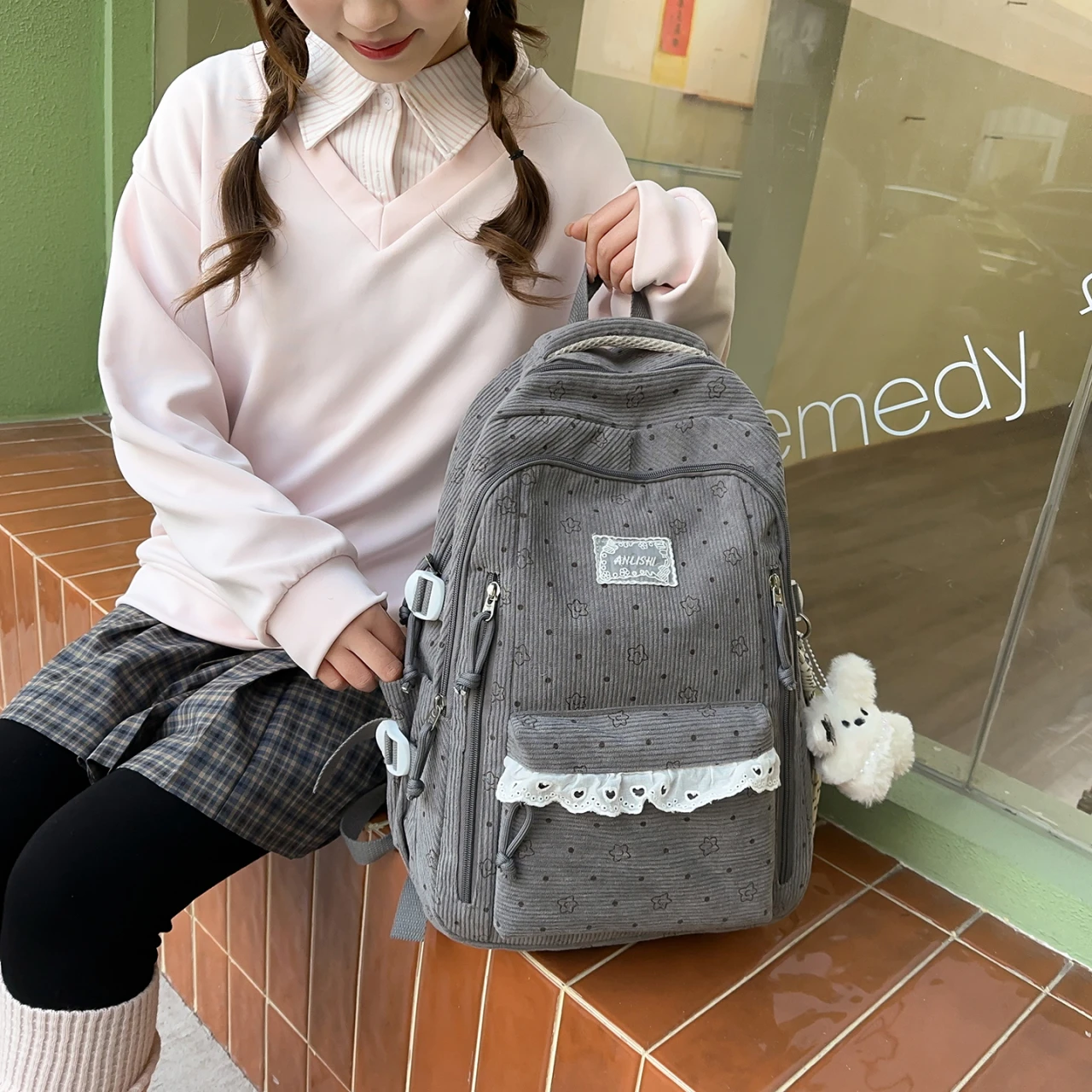 Women's Gray Corduroy Backpack Star Pattern Lace Plush Bear Charm Multi Pocket Adjustable Strap Casual Daily School Bag 2026