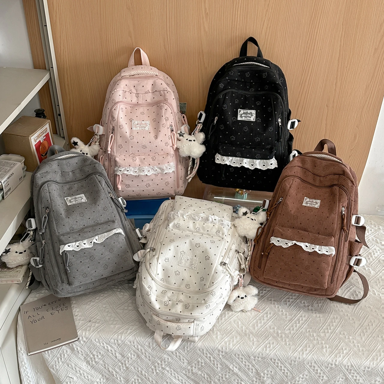 Women's Gray Corduroy Backpack Star Pattern Lace Plush Bear Charm Multi Pocket Adjustable Strap Casual Daily School Bag 2026