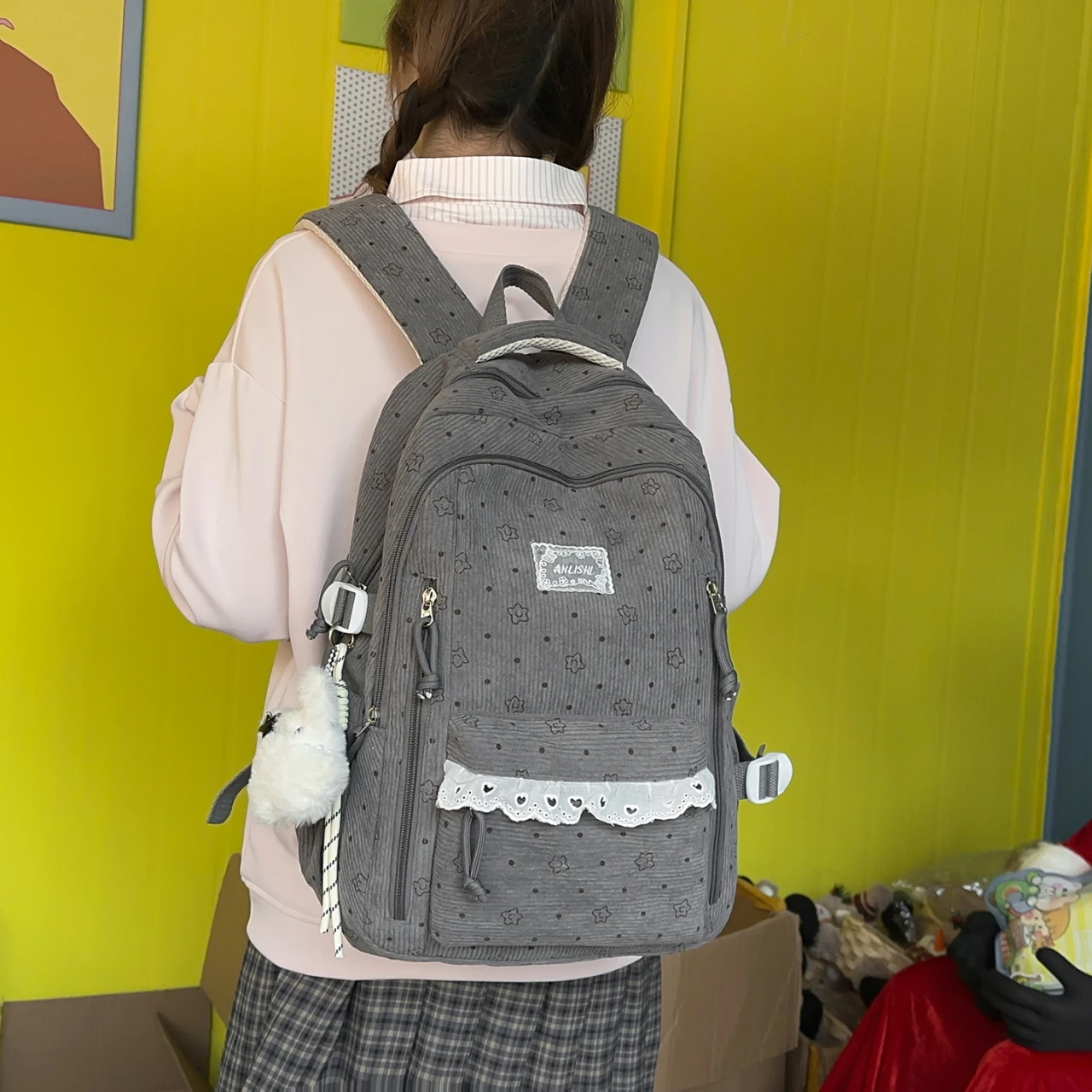 Women's Gray Corduroy Backpack Star Pattern Lace Plush Bear Charm Multi Pocket Adjustable Strap Casual Daily School Bag 2026