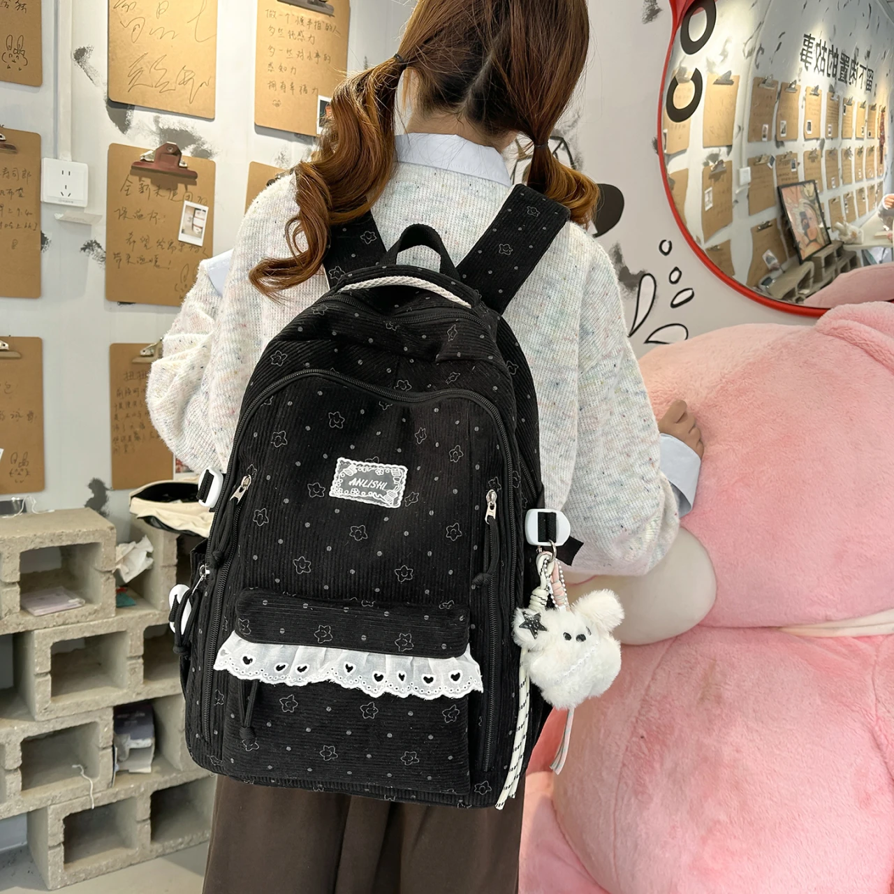 Women's Gray Corduroy Backpack Star Pattern Lace Plush Bear Charm Multi Pocket Adjustable Strap Casual Daily School Bag 2026