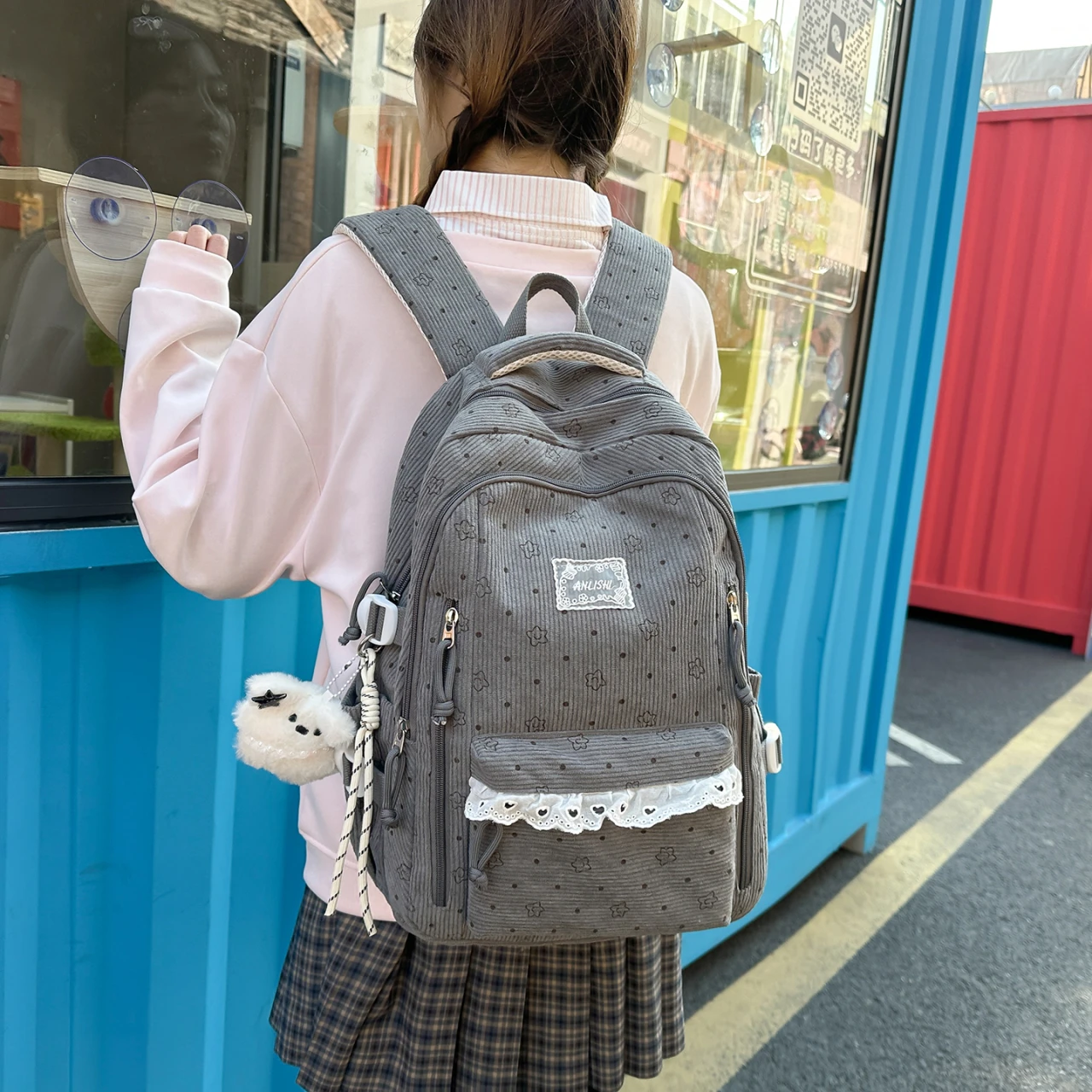 Women's Gray Corduroy Backpack Star Pattern Lace Plush Bear Charm Multi Pocket Adjustable Strap Casual Daily School Bag 2026