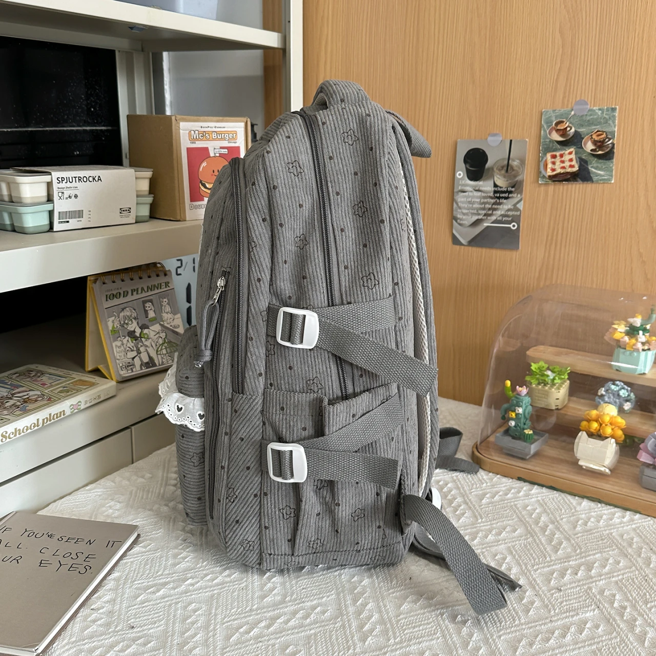 Women's Gray Corduroy Backpack Star Pattern Lace Plush Bear Charm Multi Pocket Adjustable Strap Casual Daily School Bag 2026