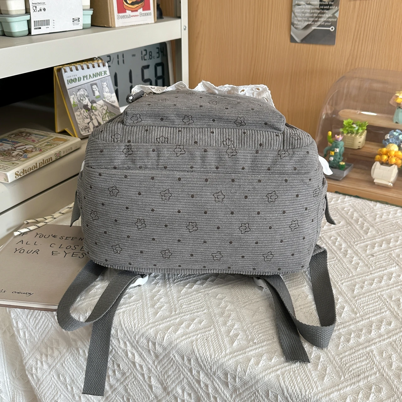 Women's Gray Corduroy Backpack Star Pattern Lace Plush Bear Charm Multi Pocket Adjustable Strap Casual Daily School Bag 2026