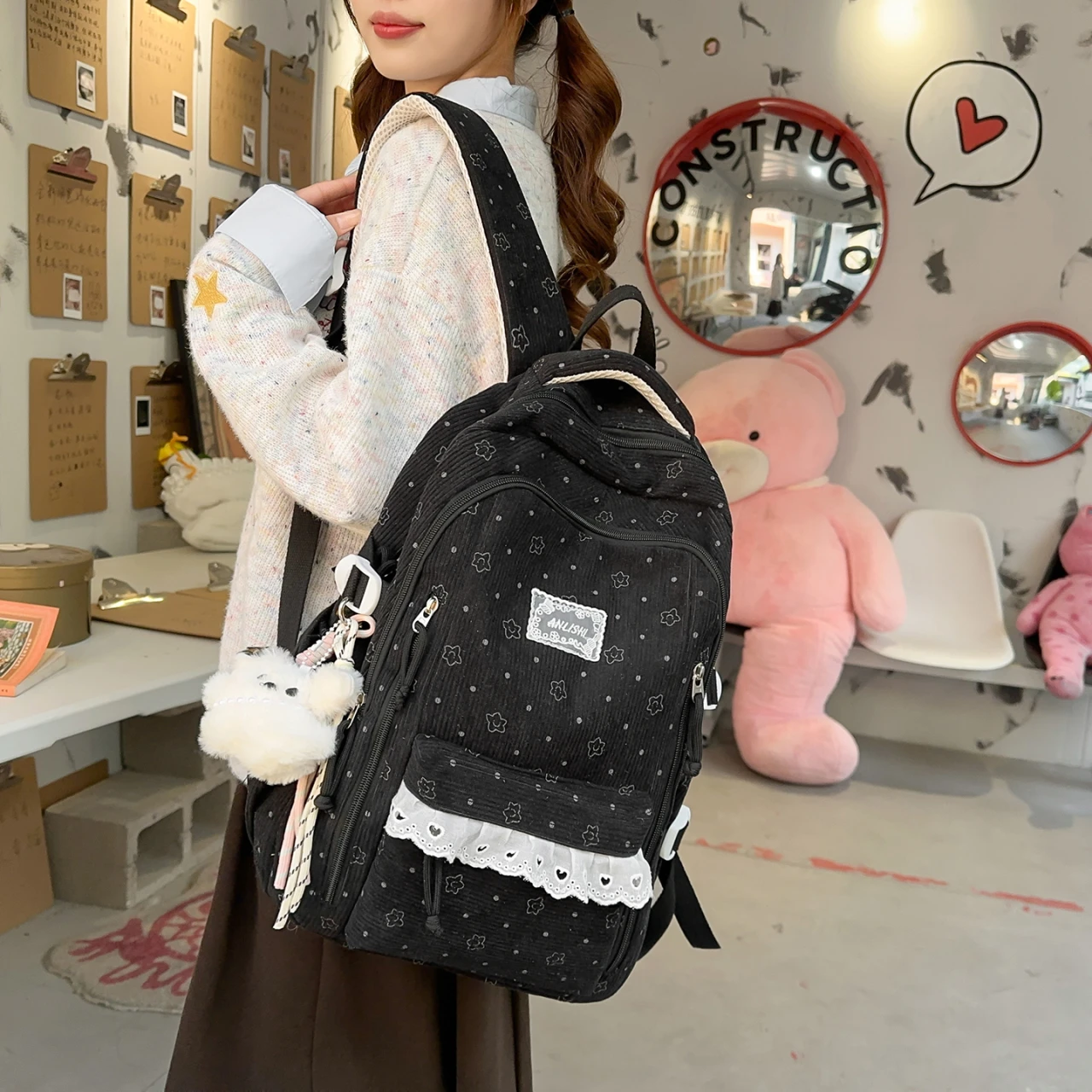 Women's Gray Corduroy Backpack Star Pattern Lace Plush Bear Charm Multi Pocket Adjustable Strap Casual Daily School Bag 2026