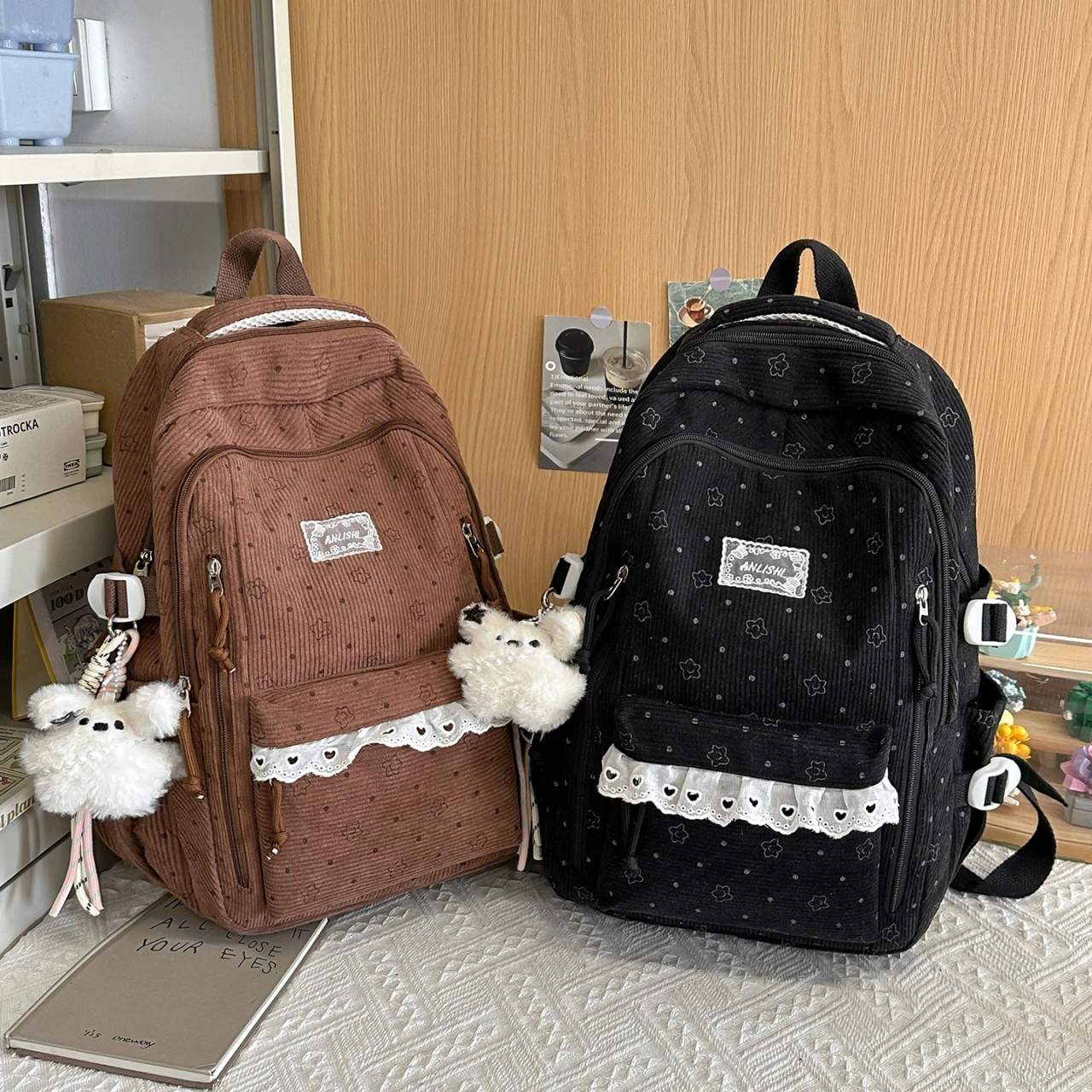 Women's Gray Corduroy Backpack Star Pattern Lace Plush Bear Charm Multi Pocket Adjustable Strap Casual Daily School Bag 2026