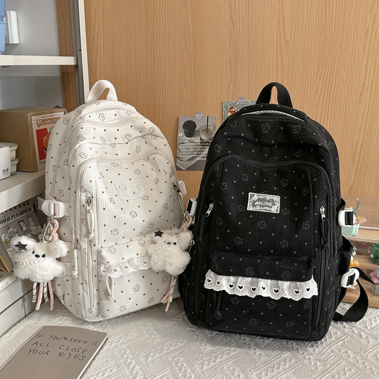 Women's Gray Corduroy Backpack Star Pattern Lace Plush Bear Charm Multi Pocket Adjustable Strap Casual Daily School Bag 2026