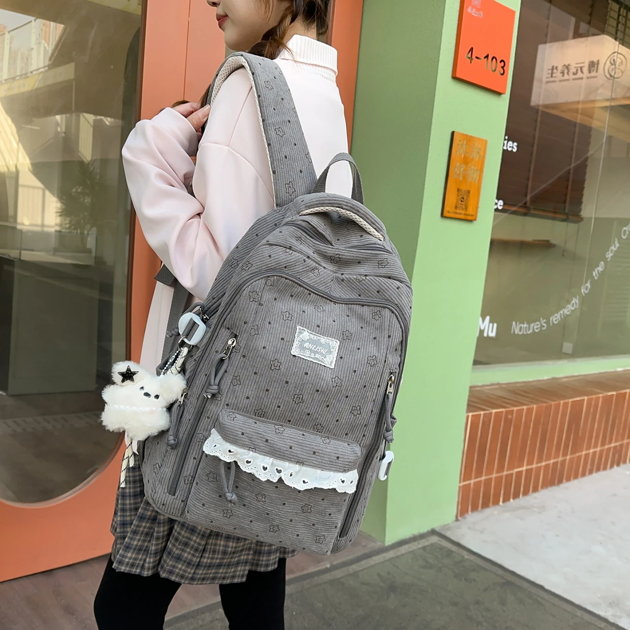 Women's Gray Corduroy Backpack Star Pattern Lace Plush Bear Charm Multi Pocket Adjustable Strap Casual Daily School Bag 2026