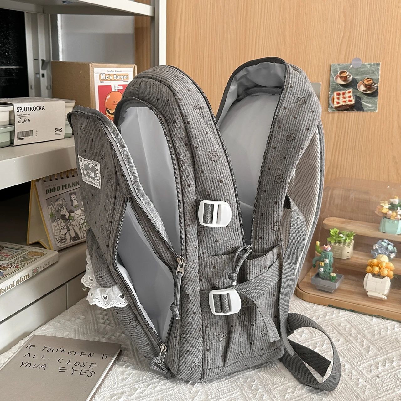 Women's Gray Corduroy Backpack Star Pattern Lace Plush Bear Charm Multi Pocket Adjustable Strap Casual Daily School Bag 2026
