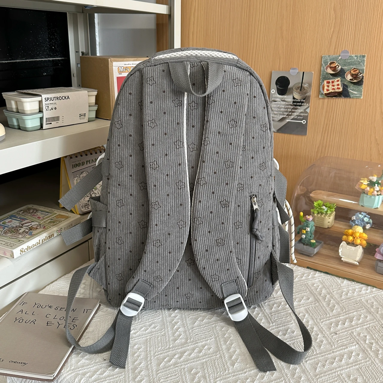 Women's Gray Corduroy Backpack Star Pattern Lace Plush Bear Charm Multi Pocket Adjustable Strap Casual Daily School Bag 2026