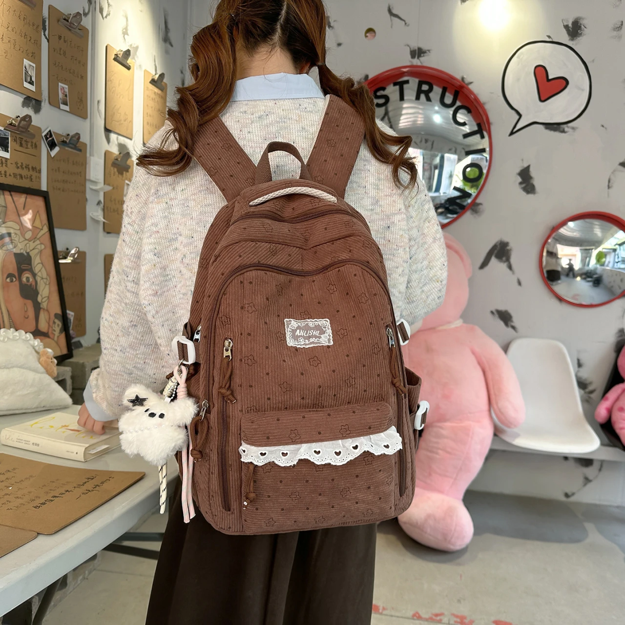 Women's Gray Corduroy Backpack Star Pattern Lace Plush Bear Charm Multi Pocket Adjustable Strap Casual Daily School Bag 2026