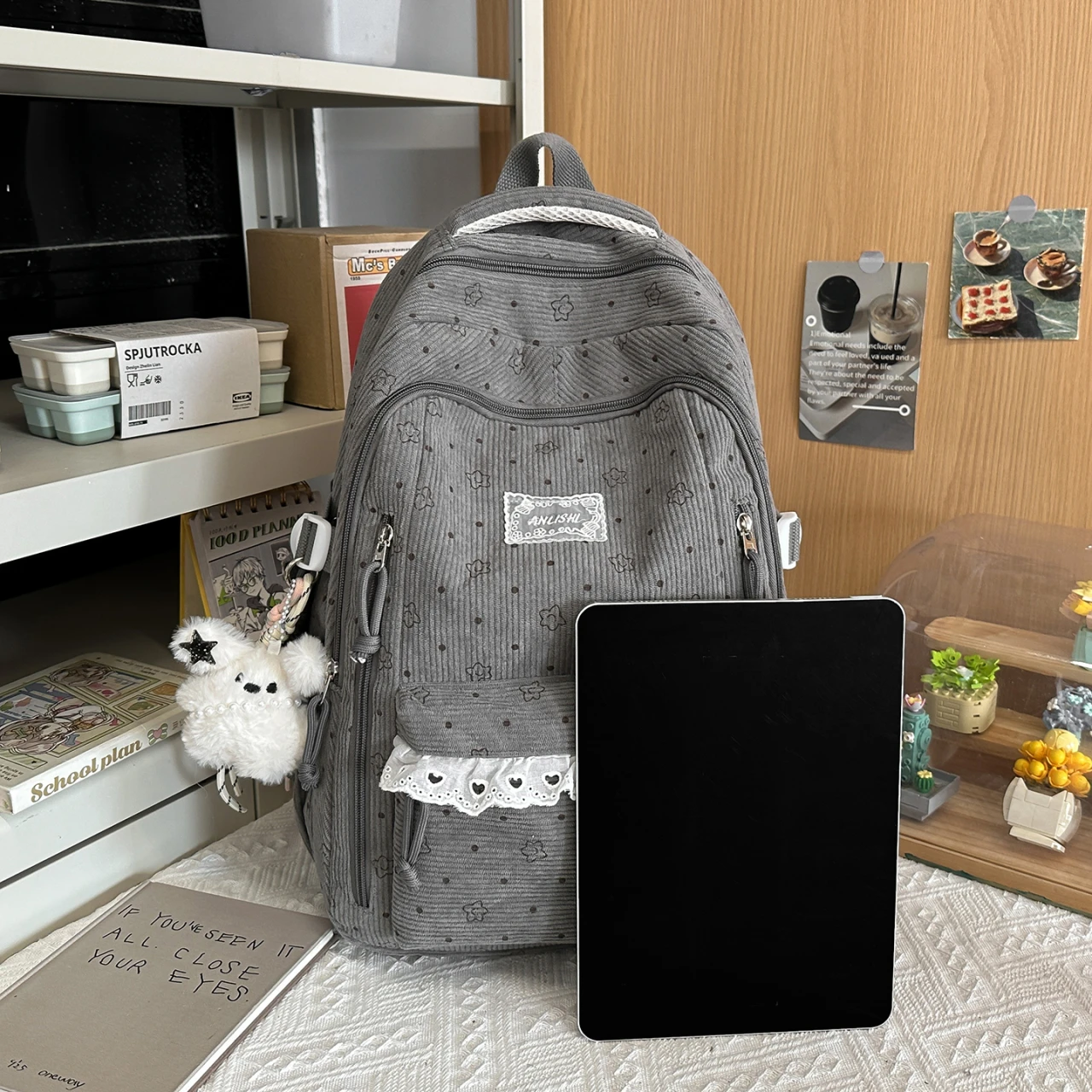 Women's Gray Corduroy Backpack Star Pattern Lace Plush Bear Charm Multi Pocket Adjustable Strap Casual Daily School Bag 2026