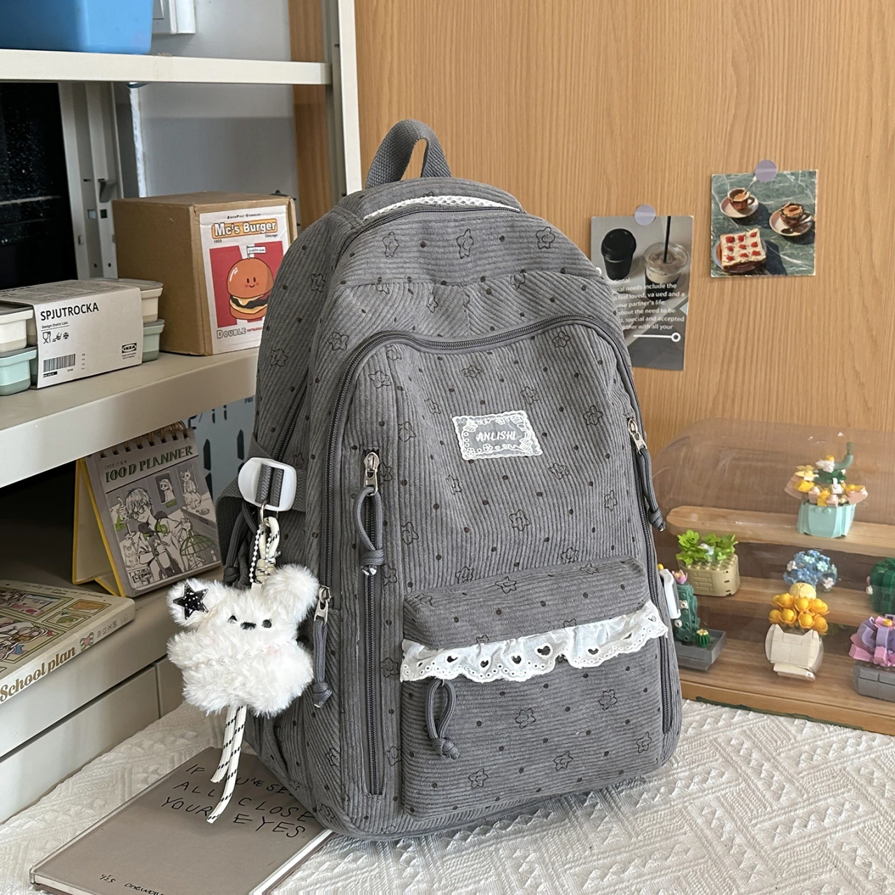 Women's Gray Corduroy Backpack Star Pattern Lace Plush Bear Charm Multi Pocket Adjustable Strap Casual Daily School Bag 2026