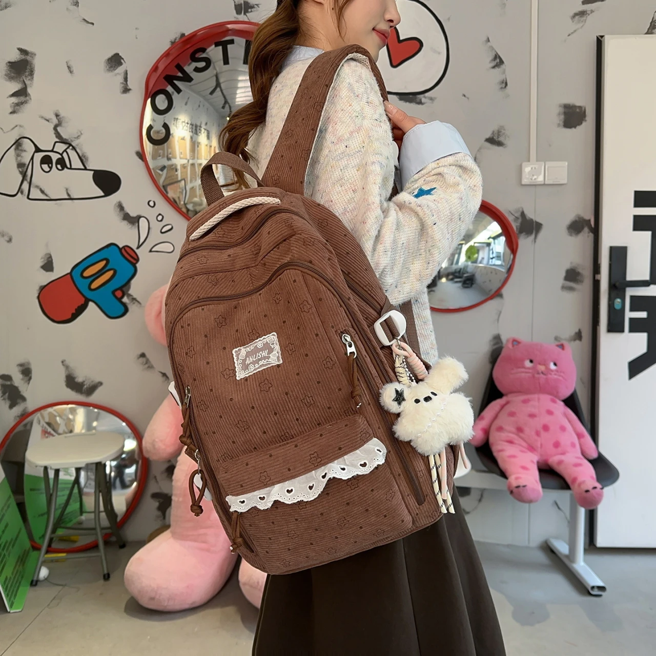 Women's Gray Corduroy Backpack Star Pattern Lace Plush Bear Charm Multi Pocket Adjustable Strap Casual Daily School Bag 2026