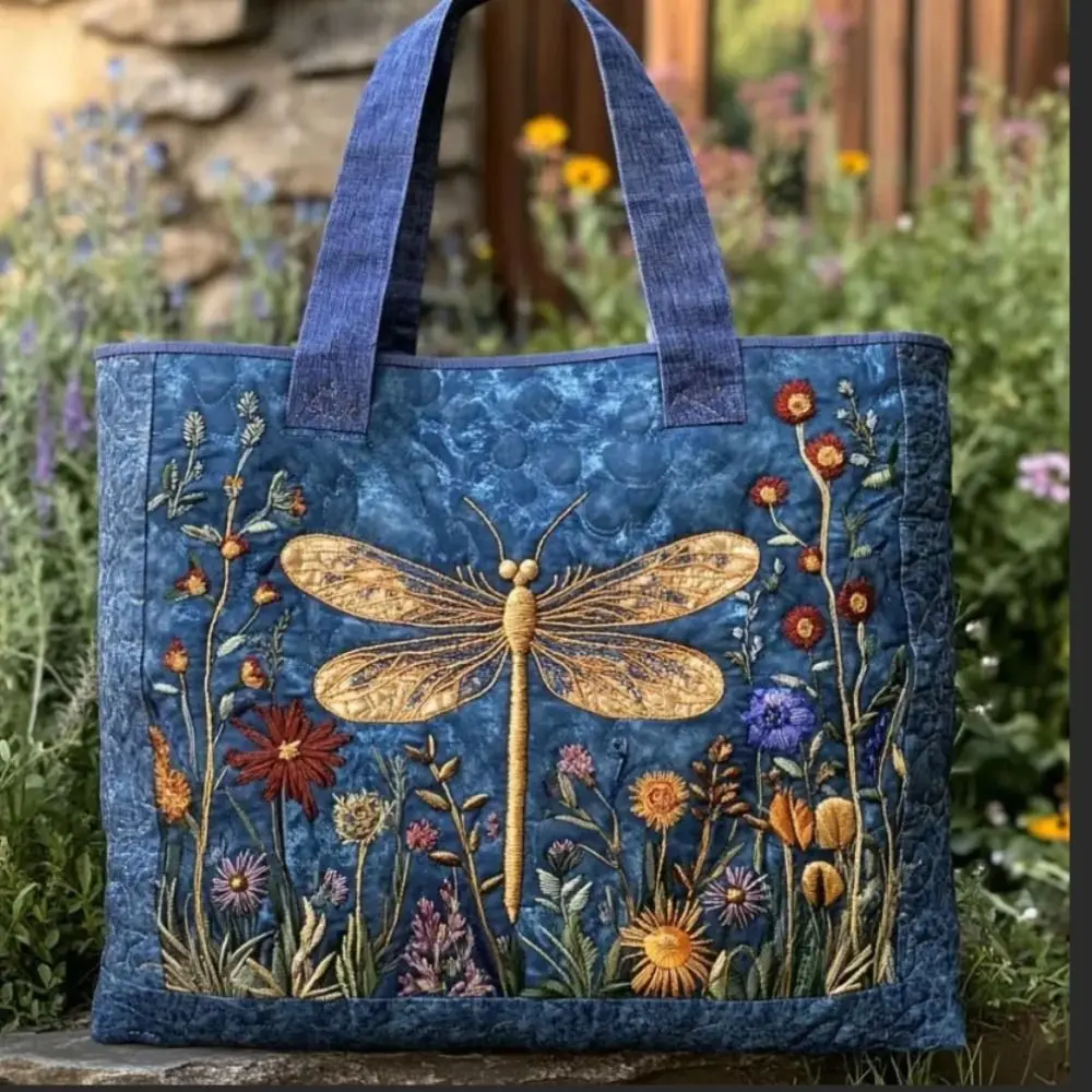 Vintage Women Quilted Tote Bag 2D Realistic Patterns Lightweight Travel Handbag Large Capacity Cotton Shopping Bag Lady Girl