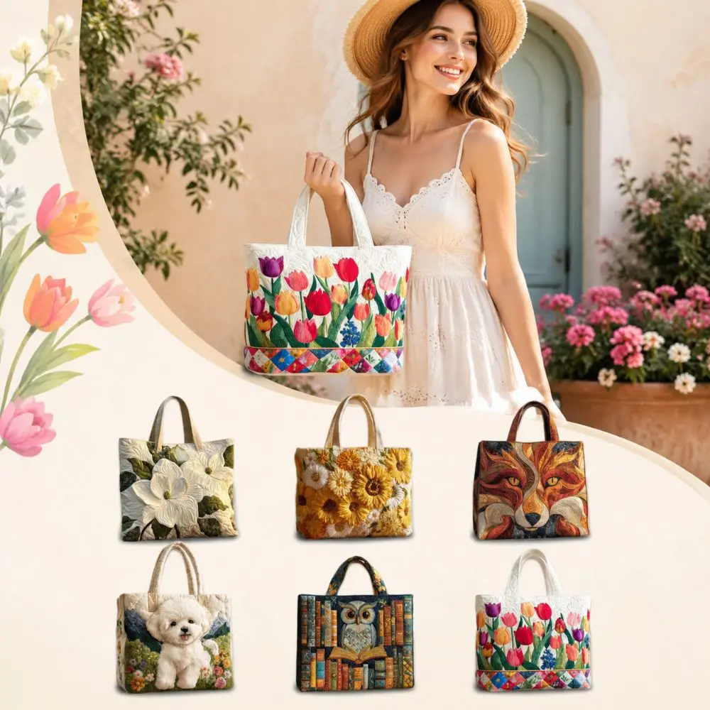 Vintage Women Quilted Tote Bag 2D Realistic Patterns Lightweight Travel Handbag Large Capacity Cotton Shopping Bag Lady Girl