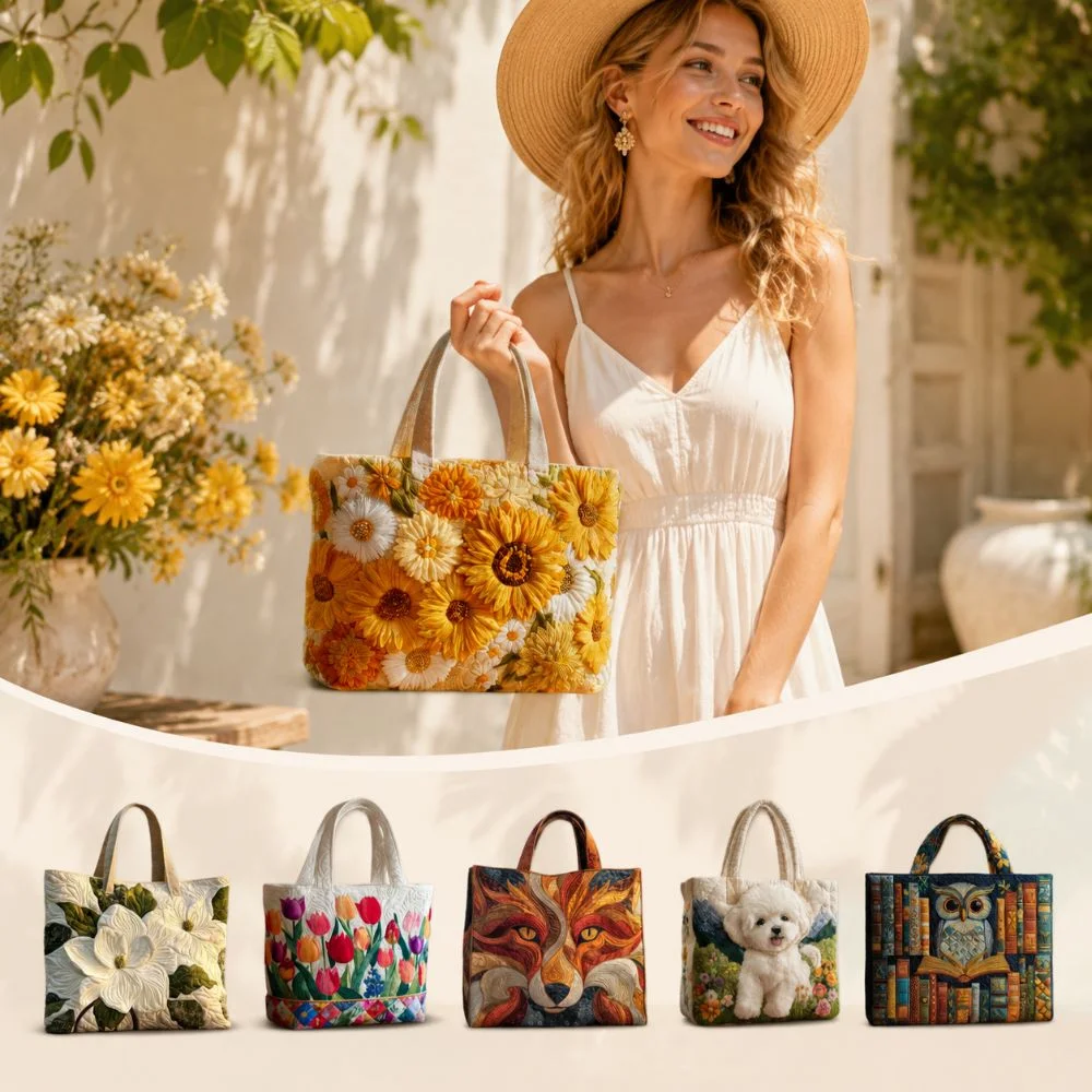 Vintage Women Quilted Tote Bag 2D Realistic Patterns Lightweight Travel Handbag Large Capacity Cotton Shopping Bag Lady Girl