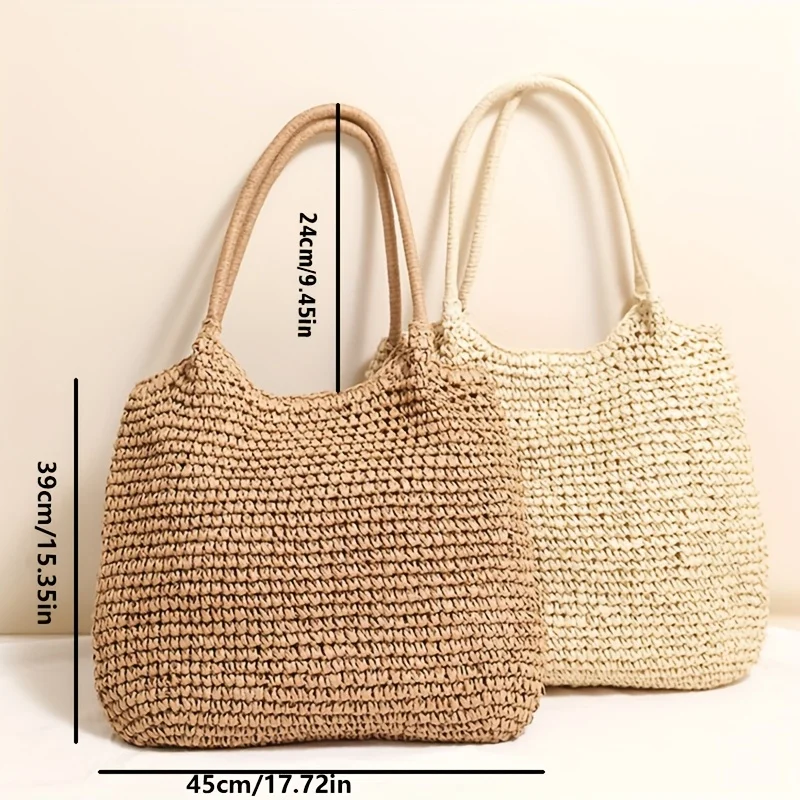 Women Shoulder Bag, Fashion Large Capacity Straw Tote Bag, Casual Solid Easy Handbag Purse for Vacation Outdoor Travel Camping