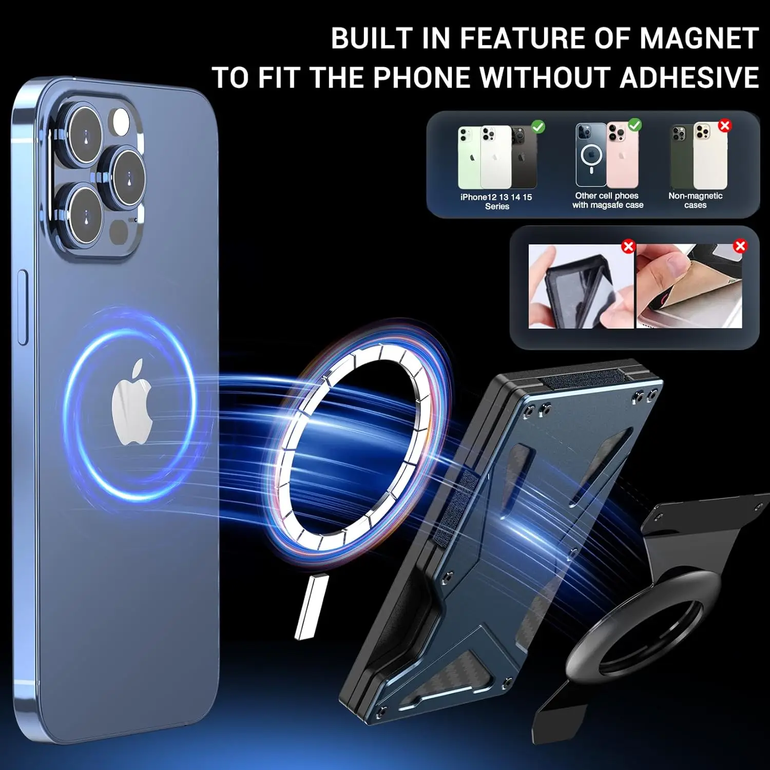 Magnetic Phone Wallet Compatible with Apple MagSafe-Metal Card Holder with AirTag Holder, RFID Blocking & Money Clip Mag Safe Wa