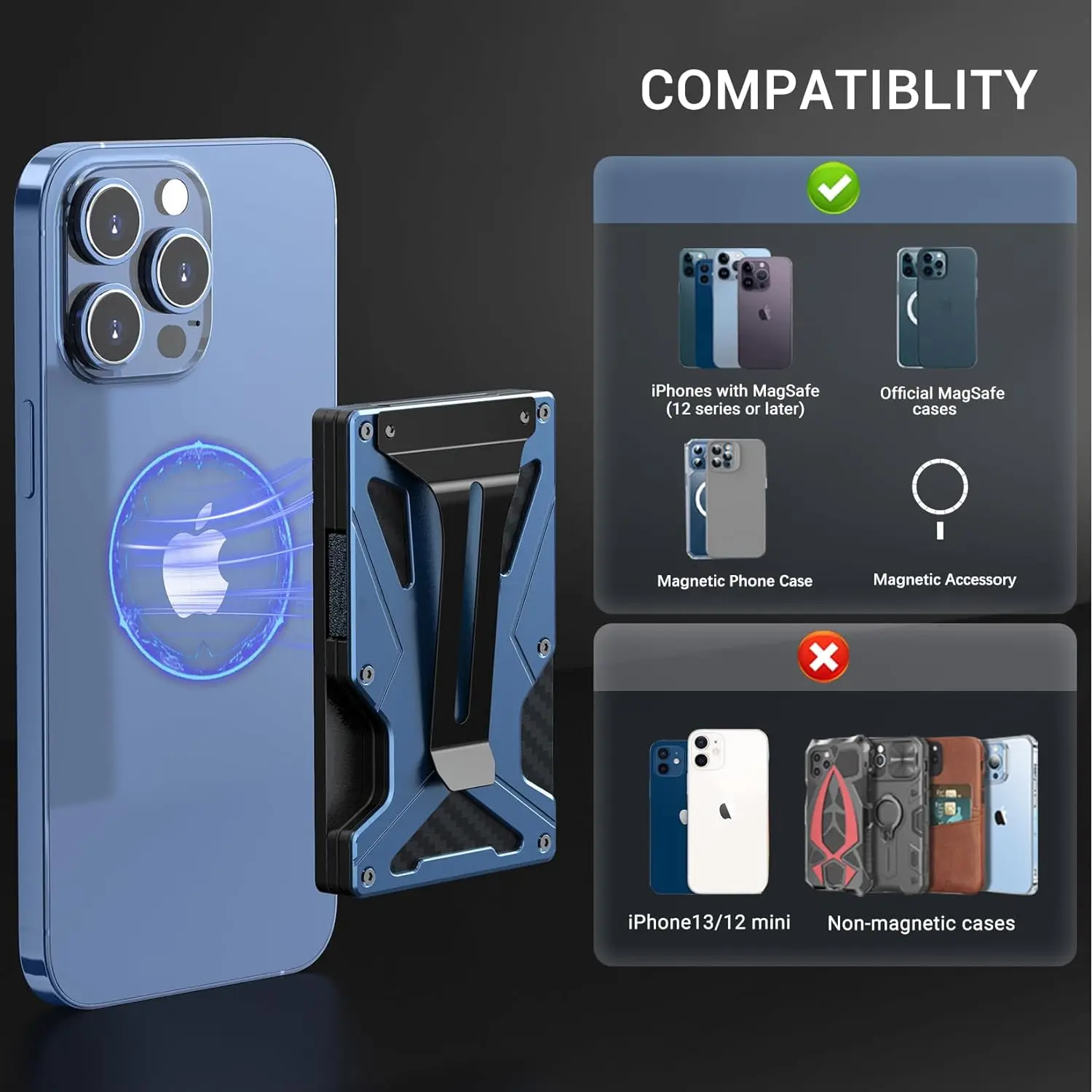 Magnetic Phone Wallet Compatible with Apple MagSafe-Metal Card Holder with AirTag Holder, RFID Blocking & Money Clip Mag Safe Wa