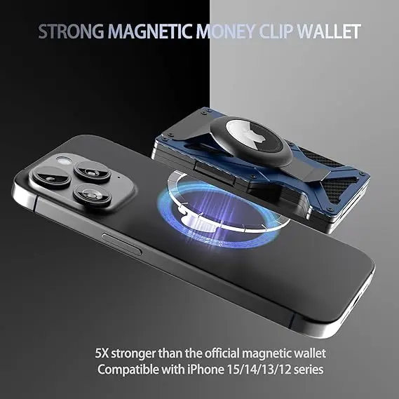 Magnetic Phone Wallet Compatible with Apple MagSafe-Metal Card Holder with AirTag Holder, RFID Blocking & Money Clip Mag Safe Wa