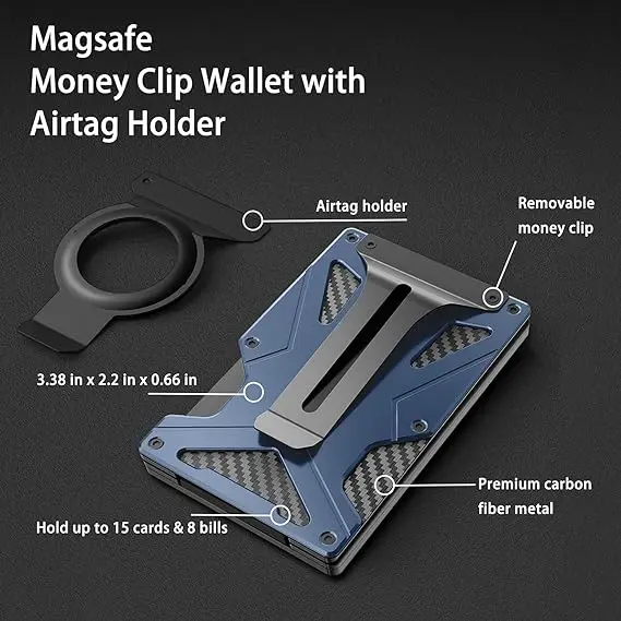 Magnetic Phone Wallet Compatible with Apple MagSafe-Metal Card Holder with AirTag Holder, RFID Blocking & Money Clip Mag Safe Wa