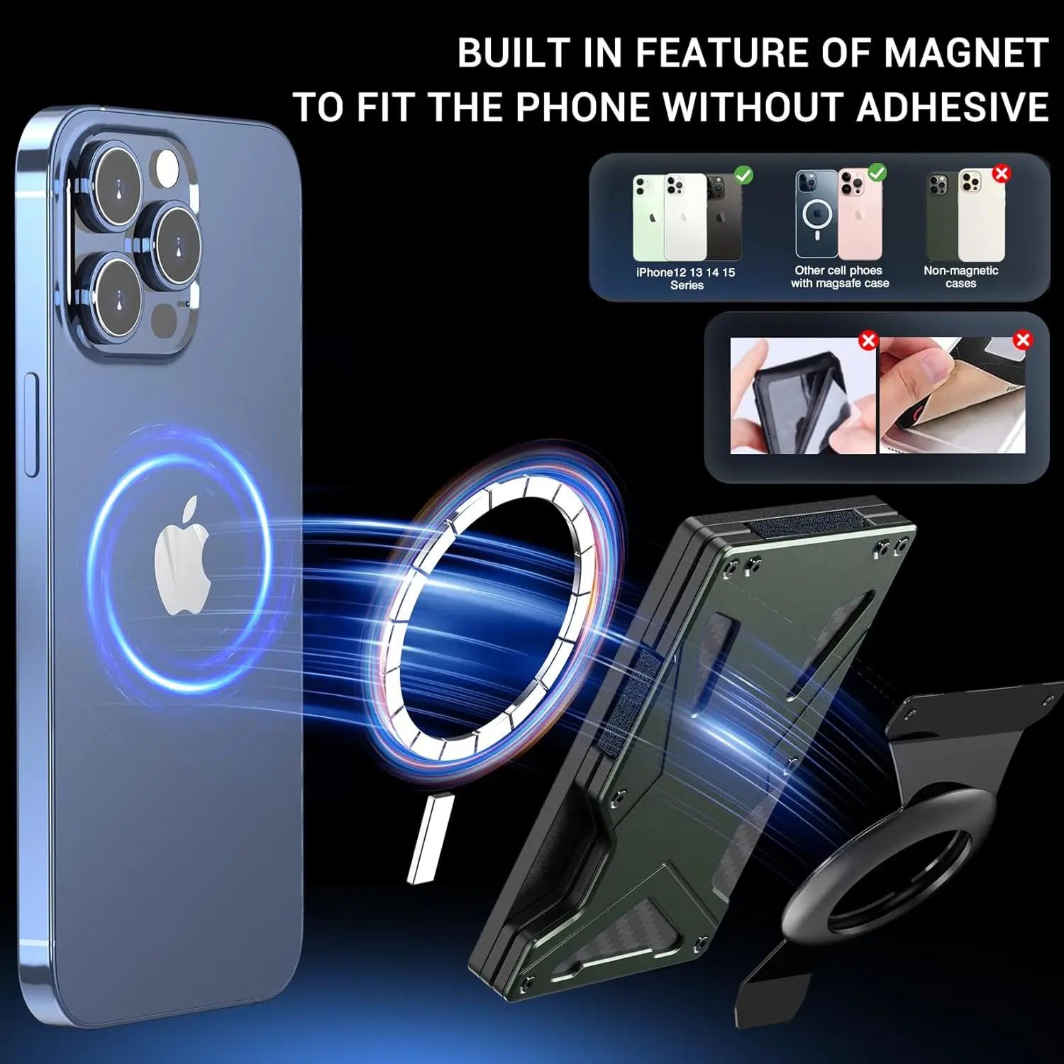 Magnetic Phone Wallet Compatible with Apple MagSafe-Metal Card Holder with AirTag Holder, RFID Blocking & Money Clip Mag Safe Wa