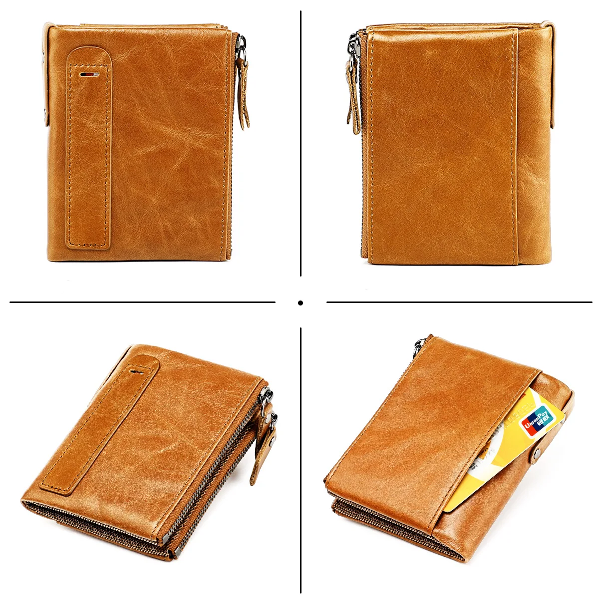 Genuine Leather RFID Wallet for Women Short Style Name Engraving Card Holder Retro Male Coin Pocket Double Zipper Unisex Wallet
