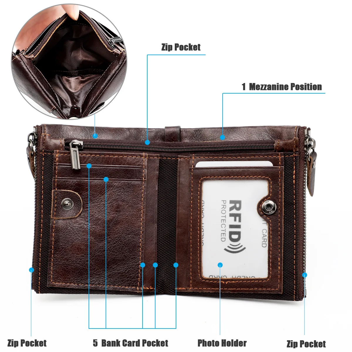 Genuine Leather RFID Wallet for Women Short Style Name Engraving Card Holder Retro Male Coin Pocket Double Zipper Unisex Wallet