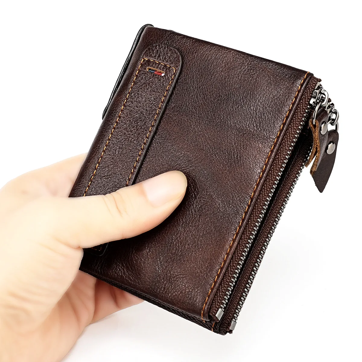 Genuine Leather RFID Wallet for Women Short Style Name Engraving Card Holder Retro Male Coin Pocket Double Zipper Unisex Wallet