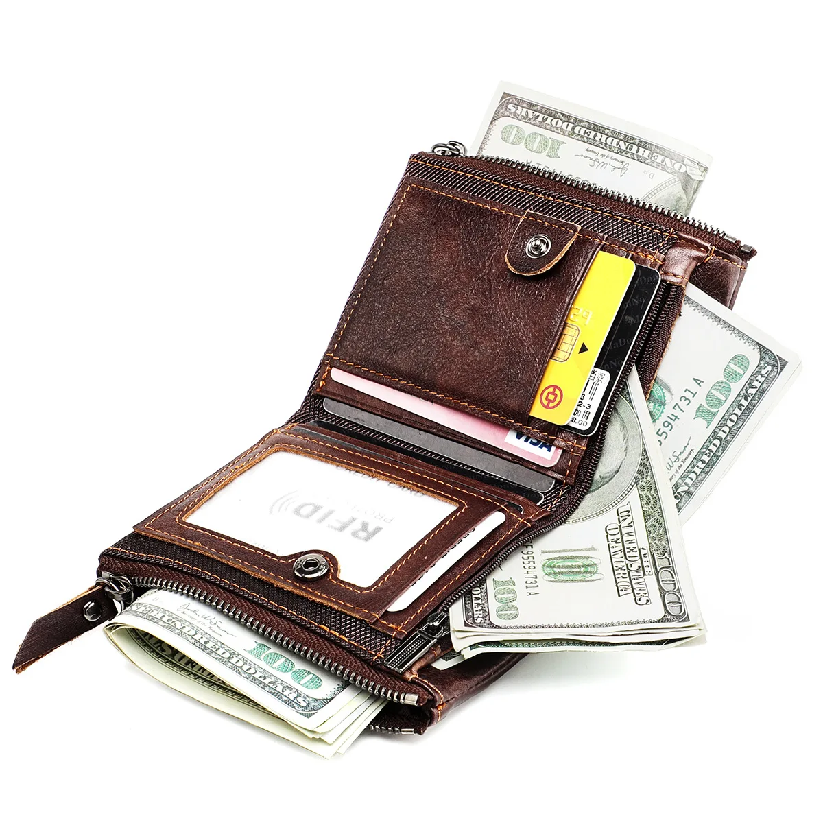 Genuine Leather RFID Wallet for Women Short Style Name Engraving Card Holder Retro Male Coin Pocket Double Zipper Unisex Wallet