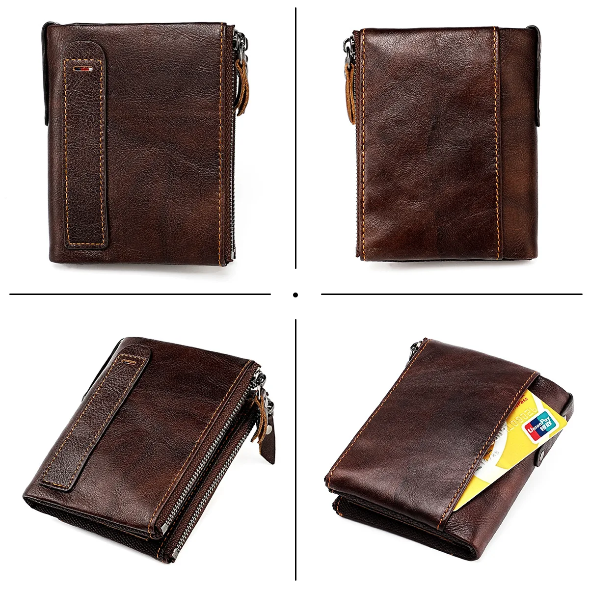 Genuine Leather RFID Wallet for Women Short Style Name Engraving Card Holder Retro Male Coin Pocket Double Zipper Unisex Wallet