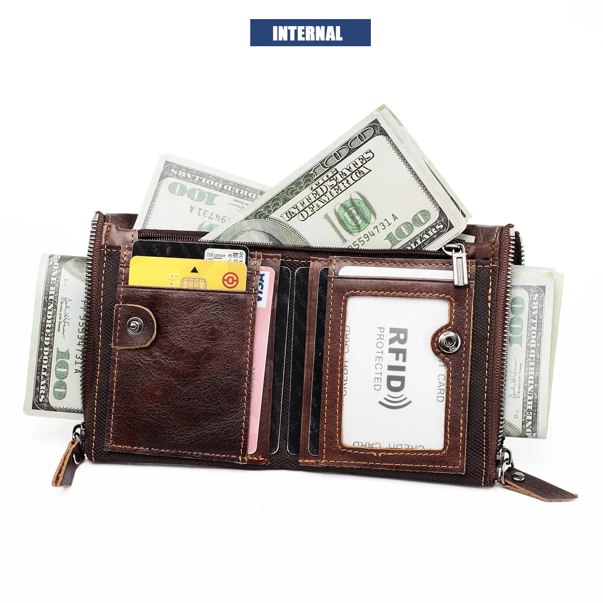 Genuine Leather RFID Wallet for Women Short Style Name Engraving Card Holder Retro Male Coin Pocket Double Zipper Unisex Wallet