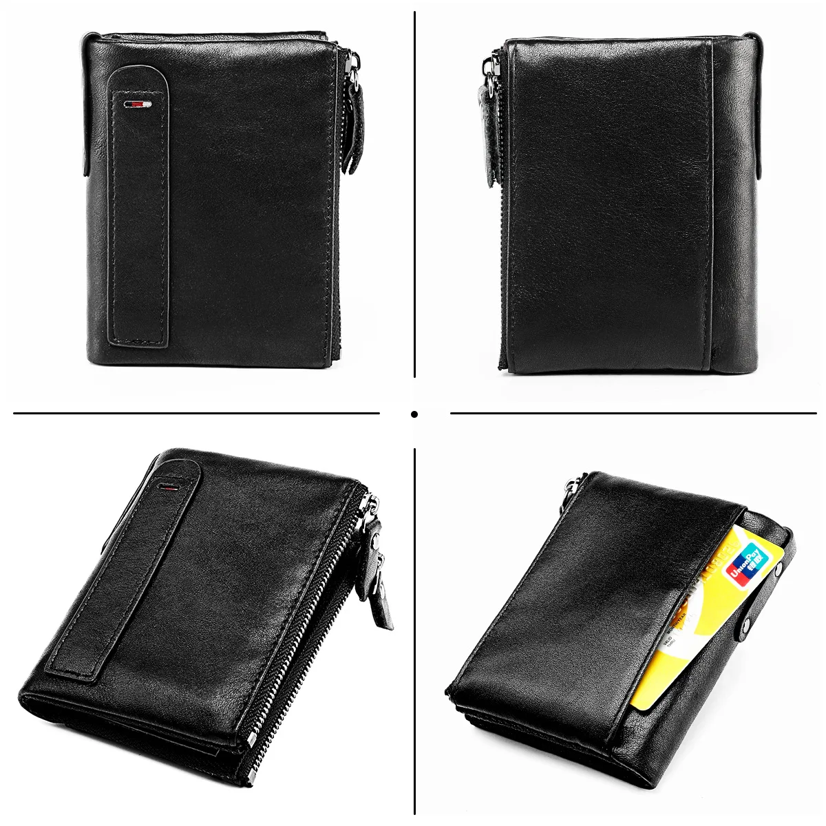 Genuine Leather RFID Wallet for Women Short Style Name Engraving Card Holder Retro Male Coin Pocket Double Zipper Unisex Wallet