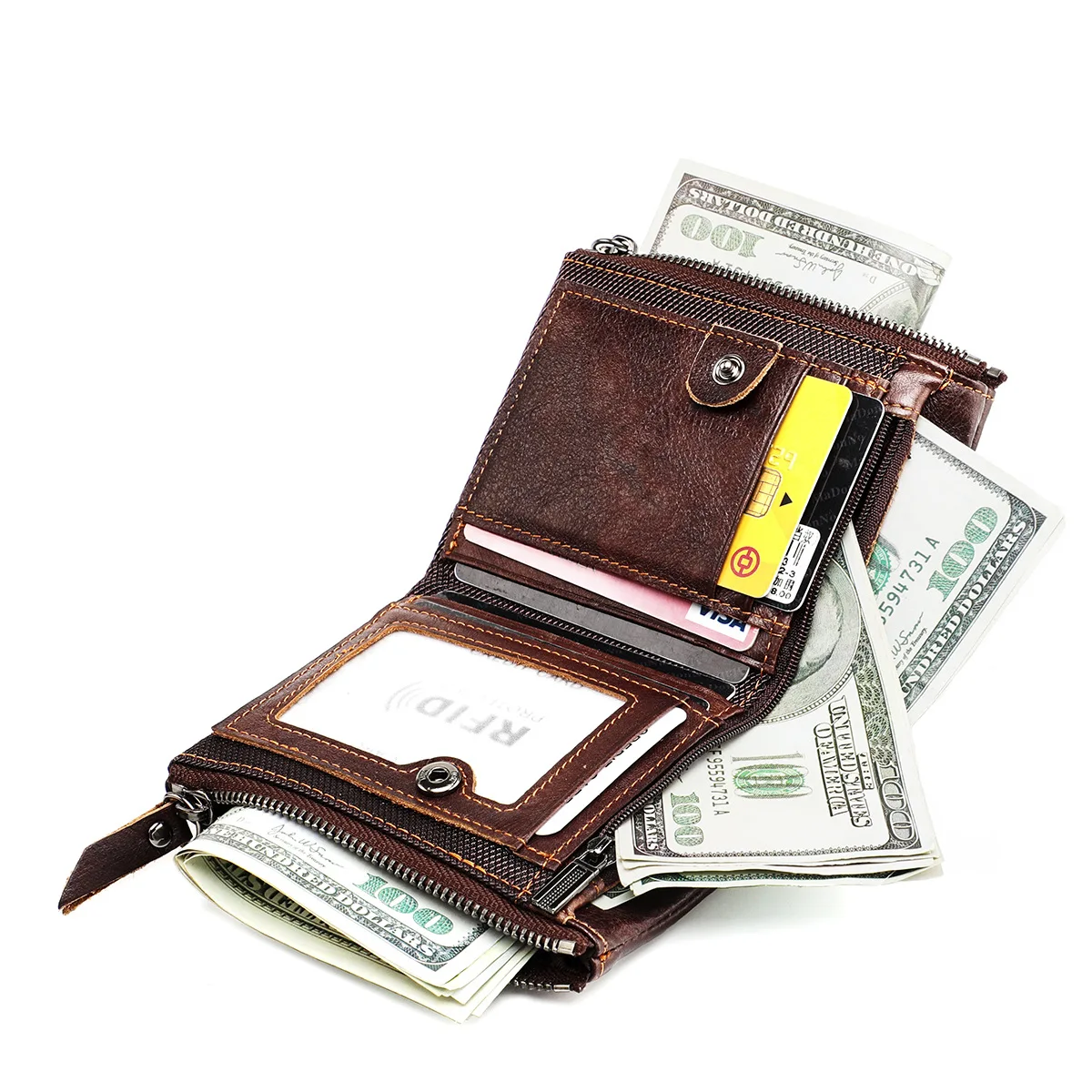 Genuine Leather RFID Wallet for Women Short Style Name Engraving Card Holder Retro Male Coin Pocket Double Zipper Unisex Wallet