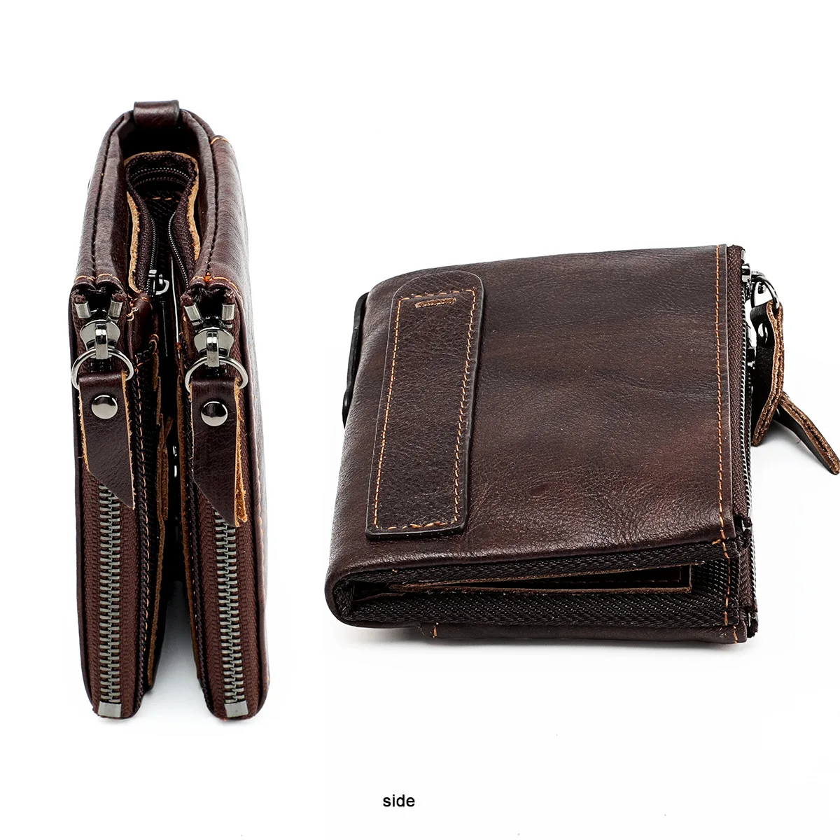 Genuine Leather RFID Wallet for Women Short Style Name Engraving Card Holder Retro Male Coin Pocket Double Zipper Unisex Wallet