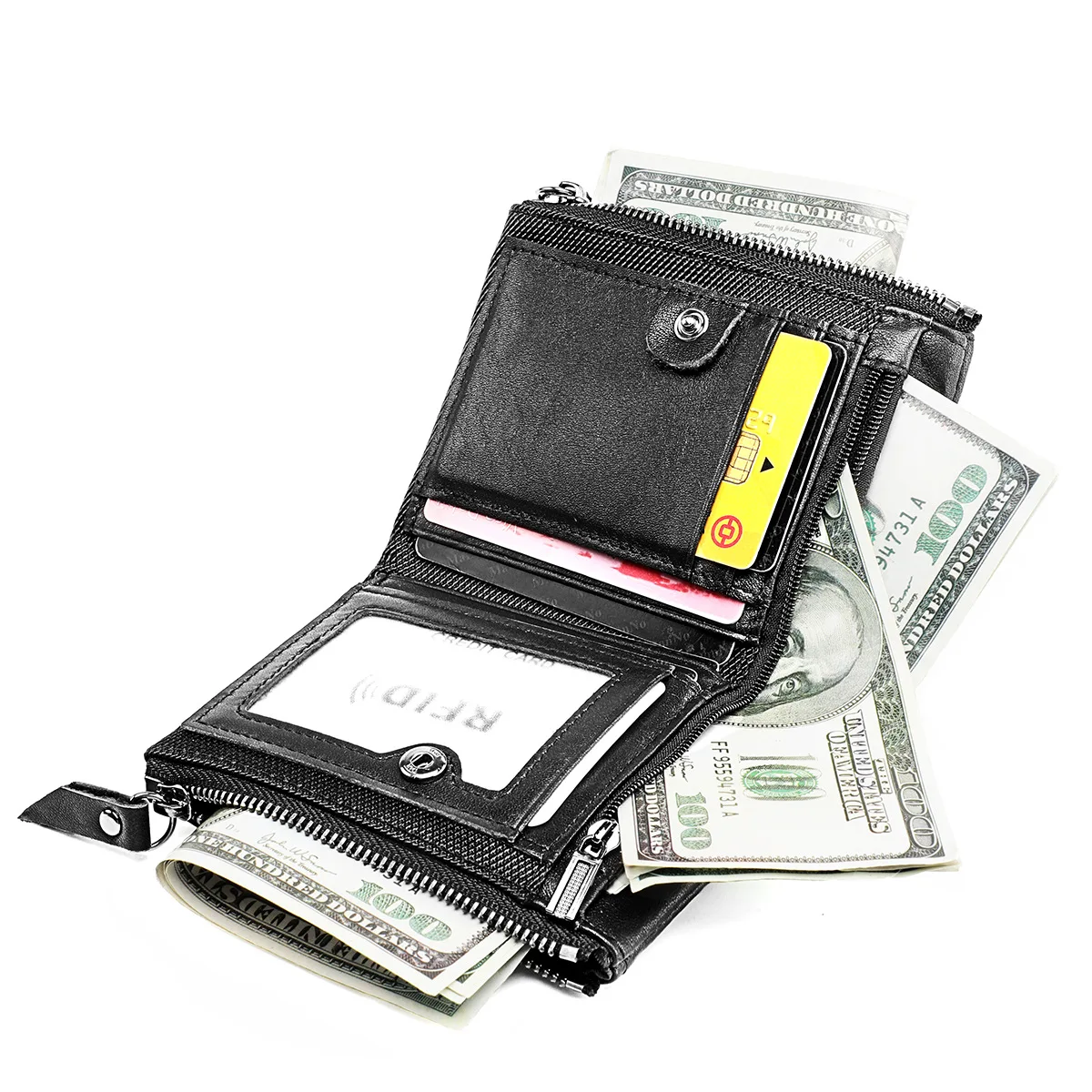 Genuine Leather RFID Wallet for Women Short Style Name Engraving Card Holder Retro Male Coin Pocket Double Zipper Unisex Wallet