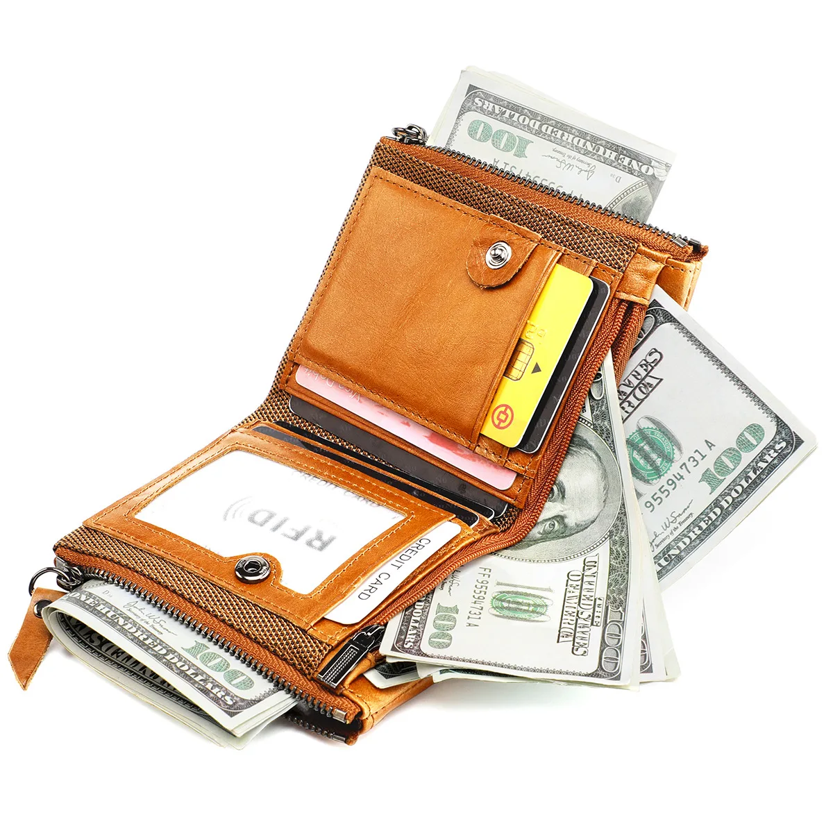 Genuine Leather RFID Wallet for Women Short Style Name Engraving Card Holder Retro Male Coin Pocket Double Zipper Unisex Wallet