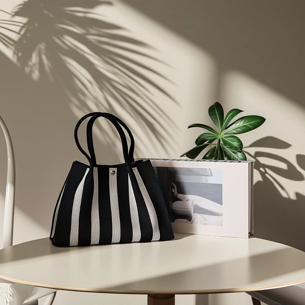 New Color-Blocking Knitted Stripe Design Tote Bag, Large Capacity Handbag for Women's Commute