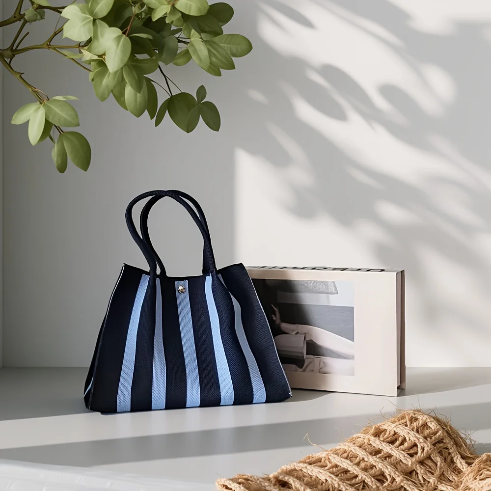New Color-Blocking Knitted Stripe Design Tote Bag, Large Capacity Handbag for Women's Commute