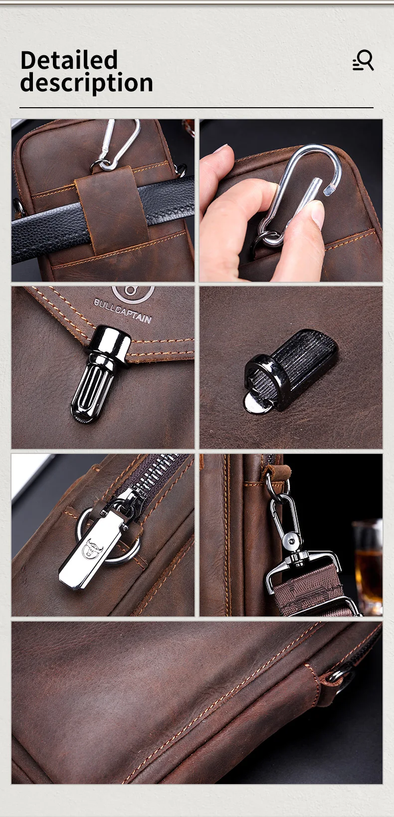 BULLCAPTAIN Crazy Horse Skin Men's Wearing Belt Phone Waist Bag Top Layer Cowhide Single Shoulder Crossbody Phone Bag