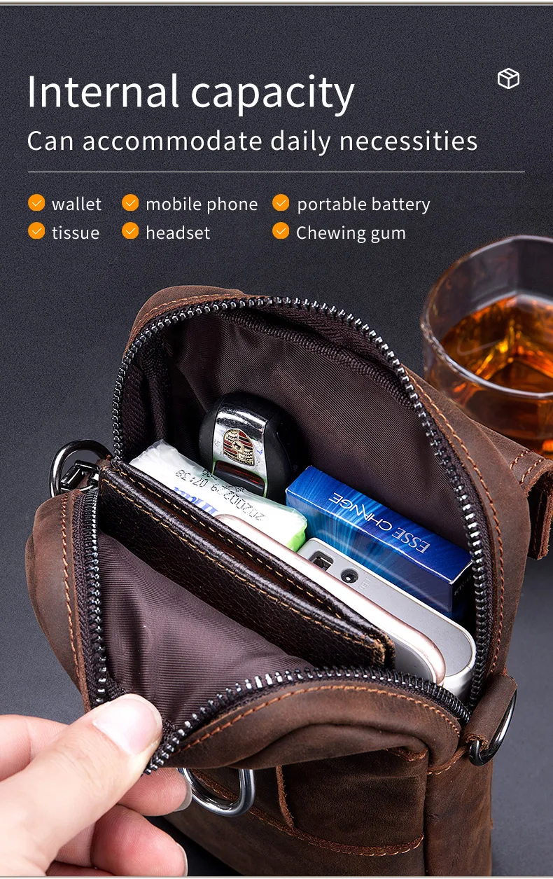 BULLCAPTAIN Crazy Horse Skin Men's Wearing Belt Phone Waist Bag Top Layer Cowhide Single Shoulder Crossbody Phone Bag