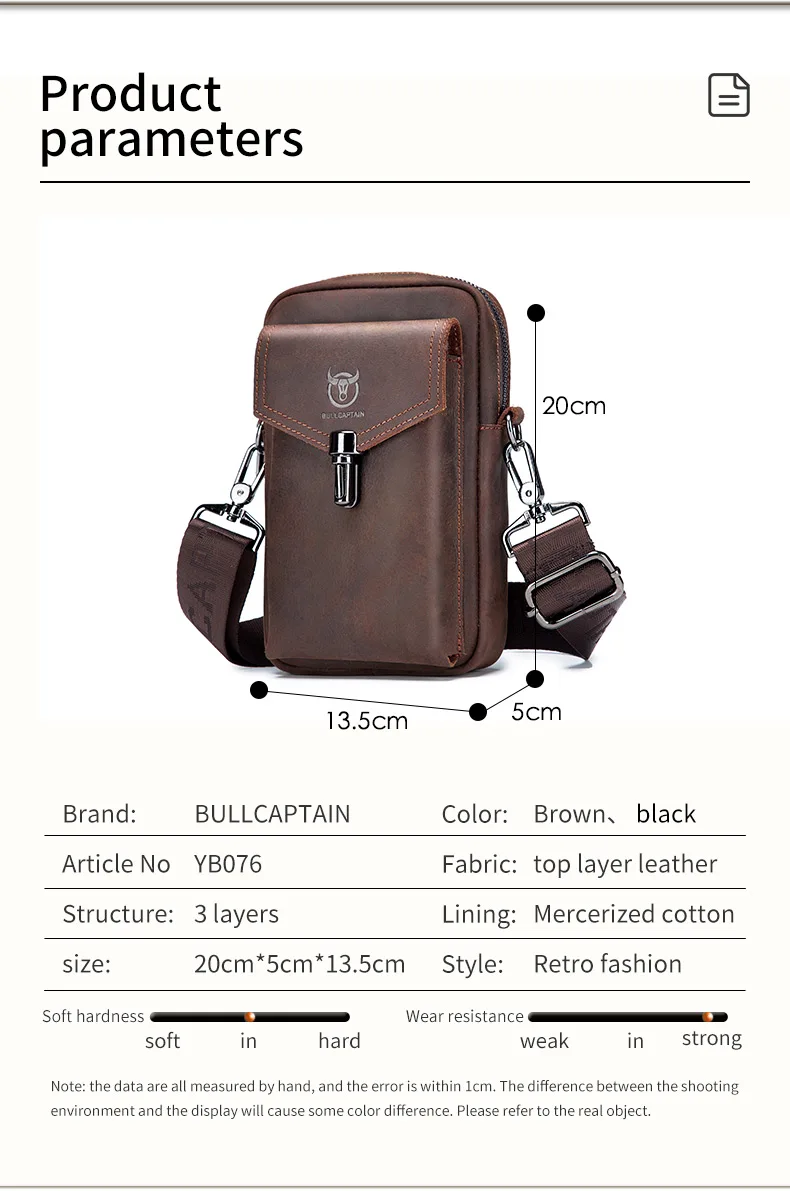 BULLCAPTAIN Crazy Horse Skin Men's Wearing Belt Phone Waist Bag Top Layer Cowhide Single Shoulder Crossbody Phone Bag