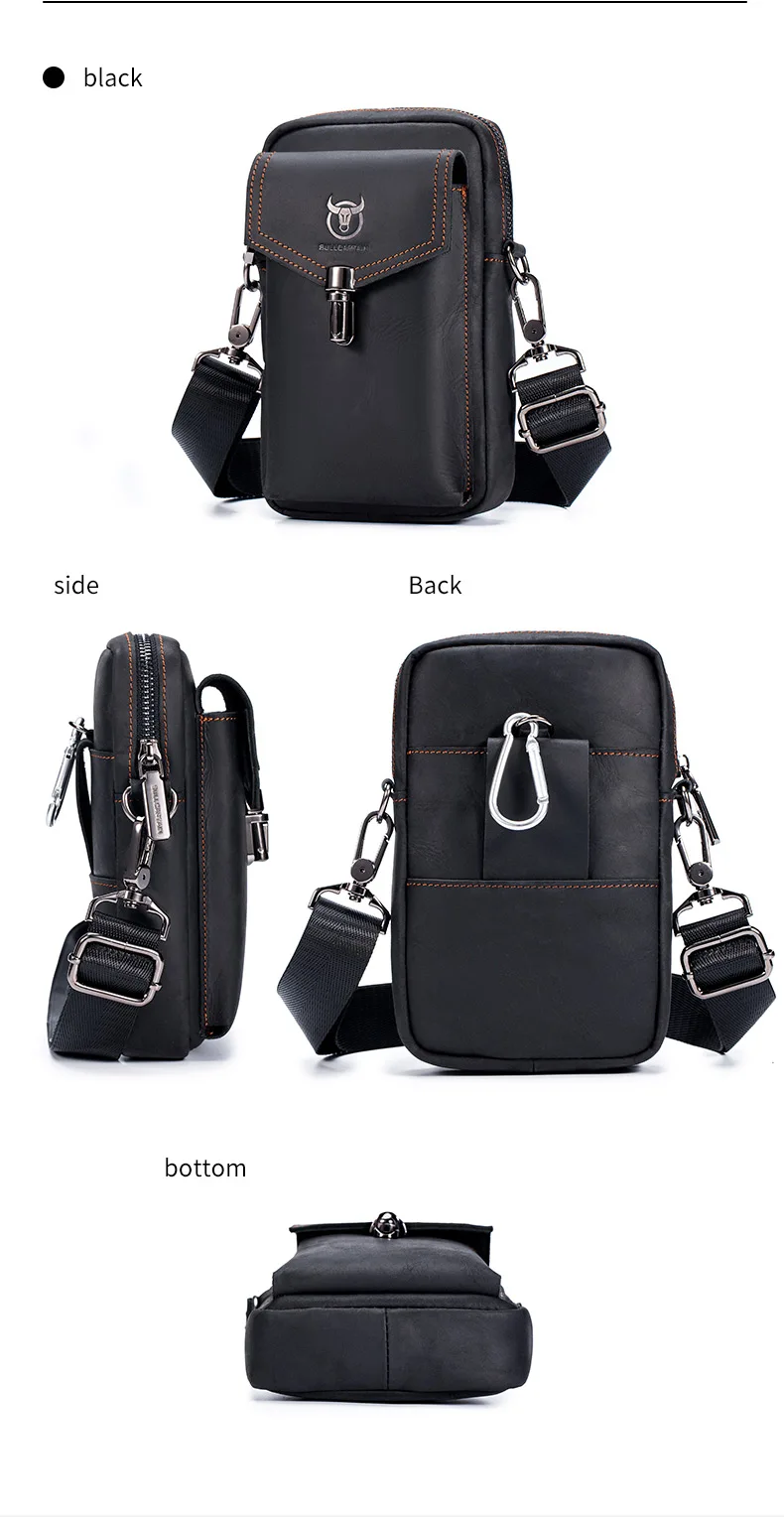 BULLCAPTAIN Crazy Horse Skin Men's Wearing Belt Phone Waist Bag Top Layer Cowhide Single Shoulder Crossbody Phone Bag
