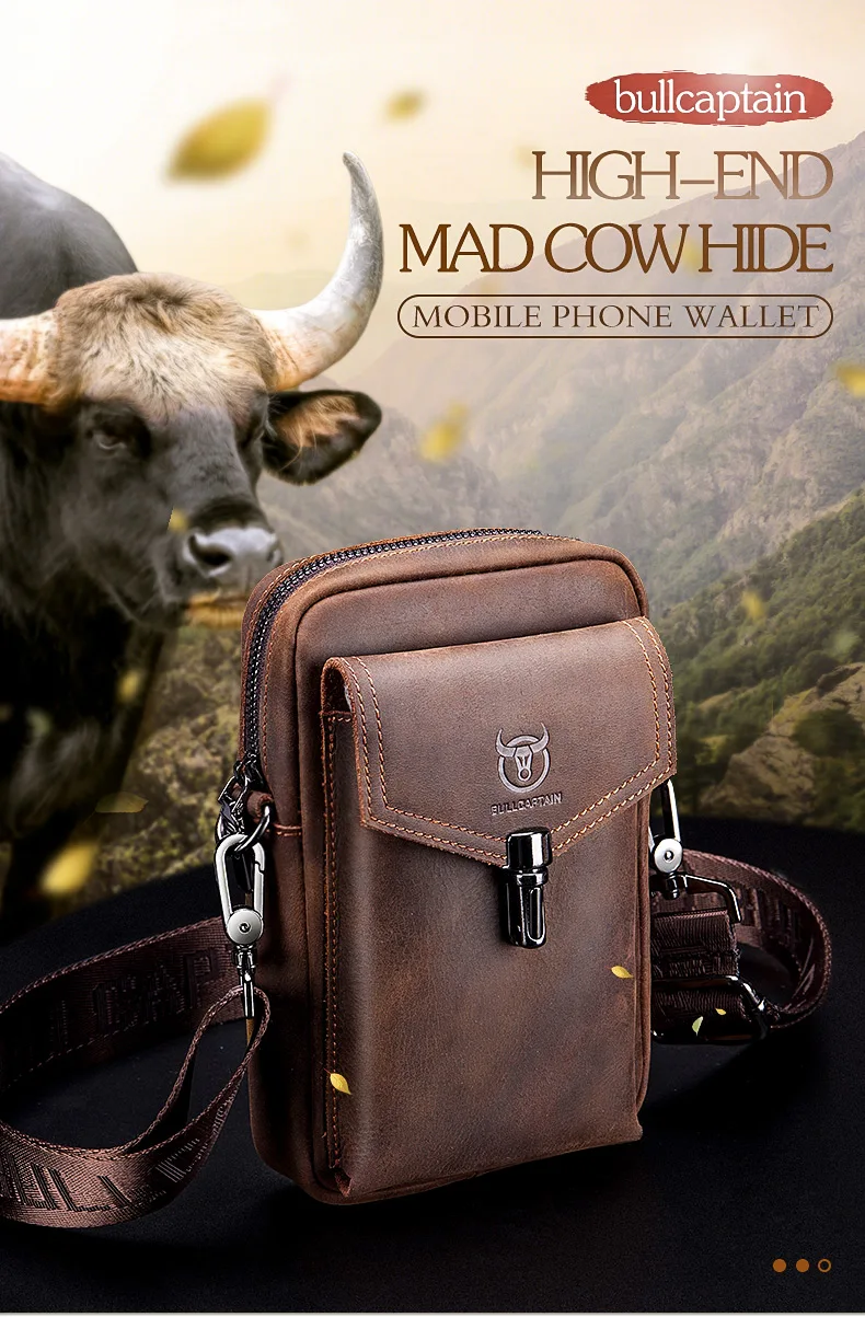 BULLCAPTAIN Crazy Horse Skin Men's Wearing Belt Phone Waist Bag Top Layer Cowhide Single Shoulder Crossbody Phone Bag